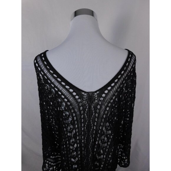 Crochet Poncho Womens One Size Black Boho Open Knit Tassel Hem Cover Up Beach - Picture 7 of 11